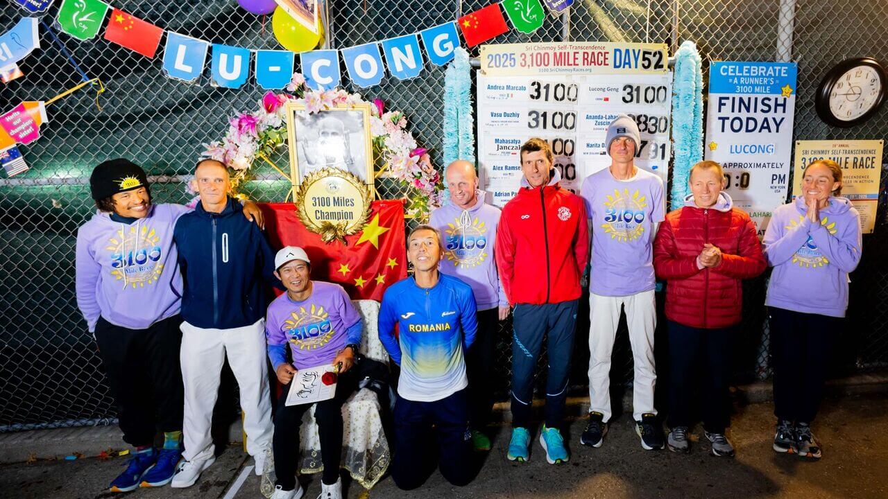 Runners crossing the finish line at the 2025 Sri Chinmoy Self-Transcendence 3100-Mile Race in New York