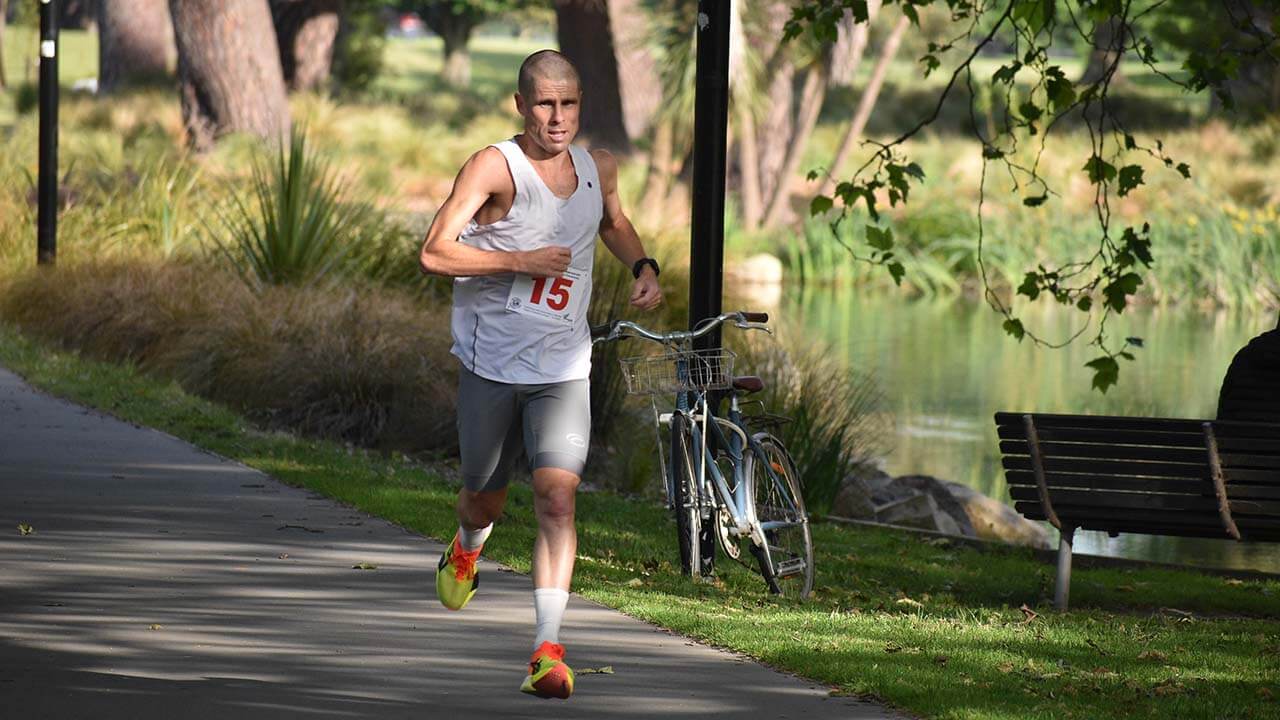 Vajin Armstrong running during the 50 km race, later becoming the winner, at the Sri Chinmoy Ultras NZ 2025 in Christchurch
