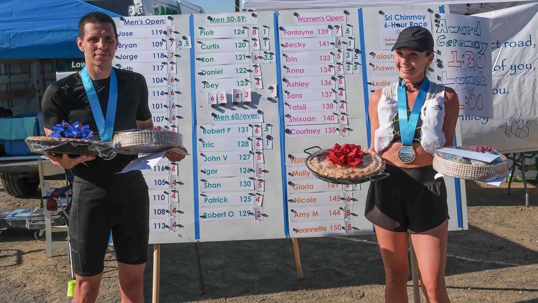 Two runners holding awards and medals in front of a results board at the Sri Chinmoy 6-Hour Race in San Diego 2025